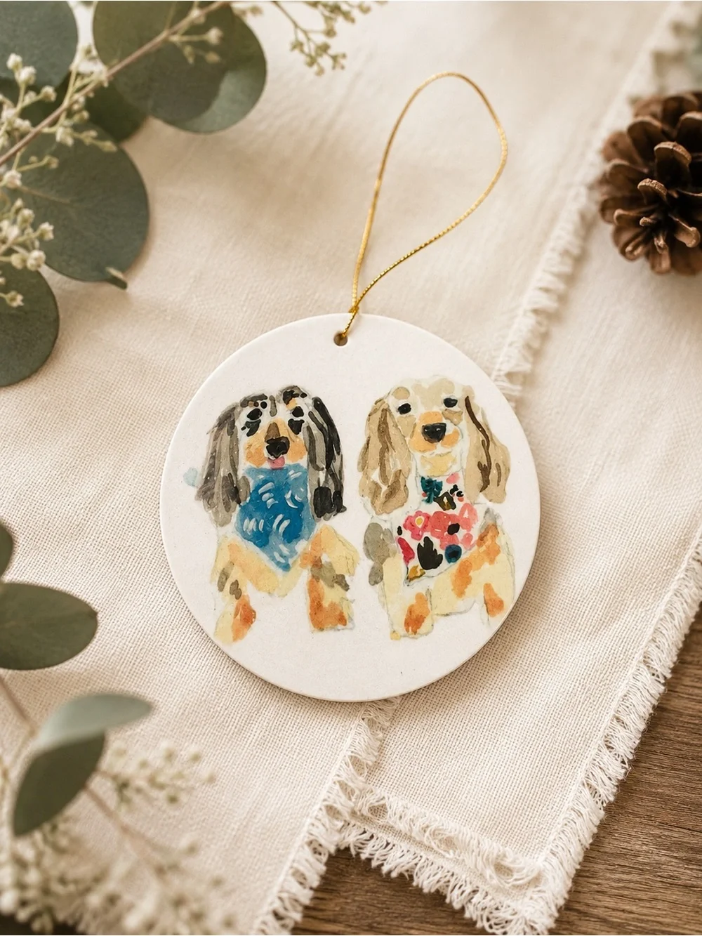 Hand-Painted Dog Ornament — Two Dachshunds